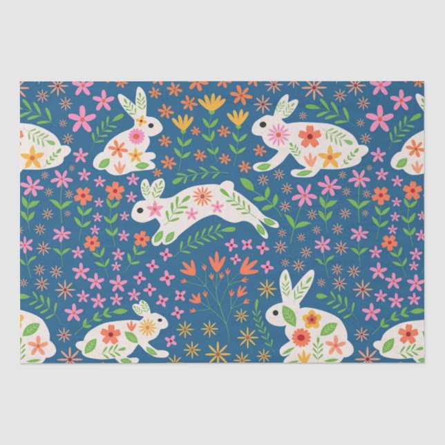 Papel De Seda Conejos de Pascua con flores caprichosas   (Anverso)