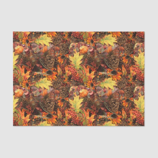 Papel De Seda Cones de pino y hojas de otoño (Anverso)