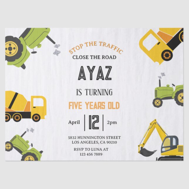 Papel De Seda Construction Dump Truck Party Boy Birthday  (Anverso)