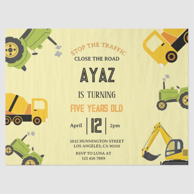 Papel De Seda Construction Dump Truck Party Boy Birthday  Tissue (Anverso)