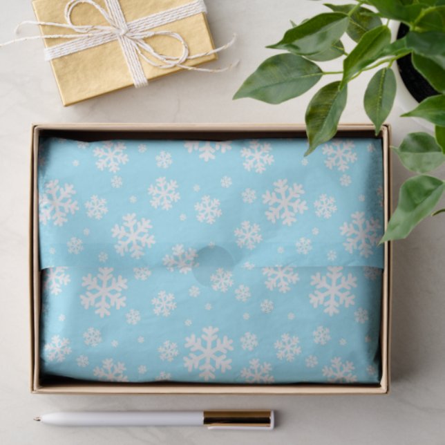 Papel De Seda Copo de Nieve Blanco sobre Patrón de Invierno Azul (Regalo )