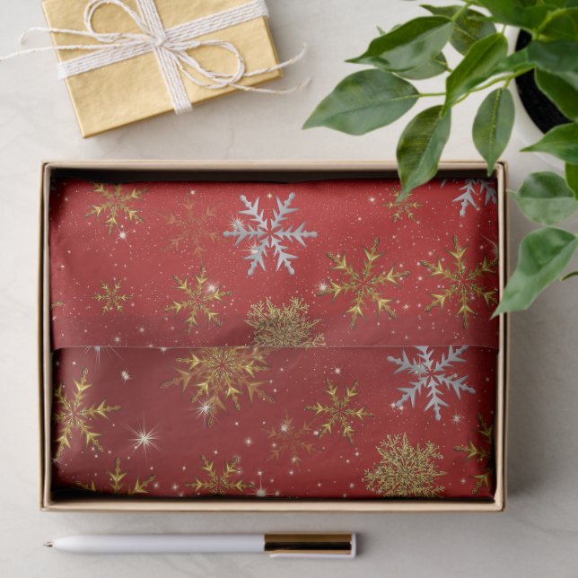 Papel De Seda Copos de nieve de oro en rojo para Navidades (Regalo )