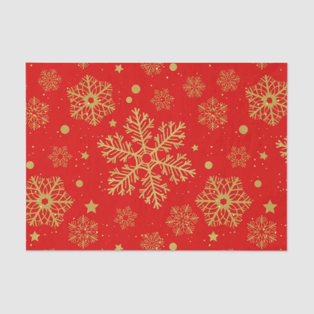 Papel De Seda Copos de nieve dorados en rojo (Anverso)