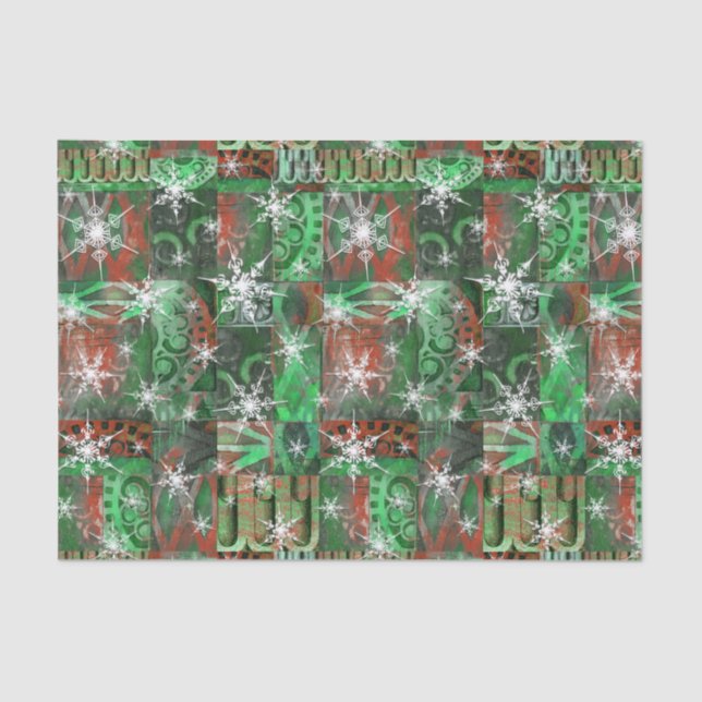 Papel De Seda Copos de nieve en periódico de fiesta verde roja (Anverso)