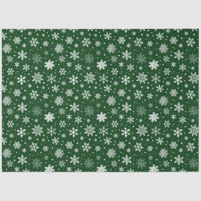 Papel De Seda Copos de nieve verdes y blancos grandes (Anverso)