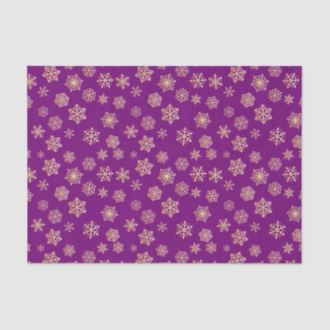 Papel De Seda Copos dorados de nieve sobre fondo morado (Anverso)