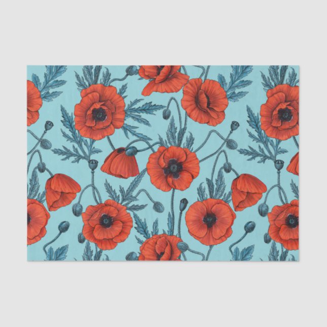 Papel De Seda Coppies rojos y azules en azul piscina (Anverso)