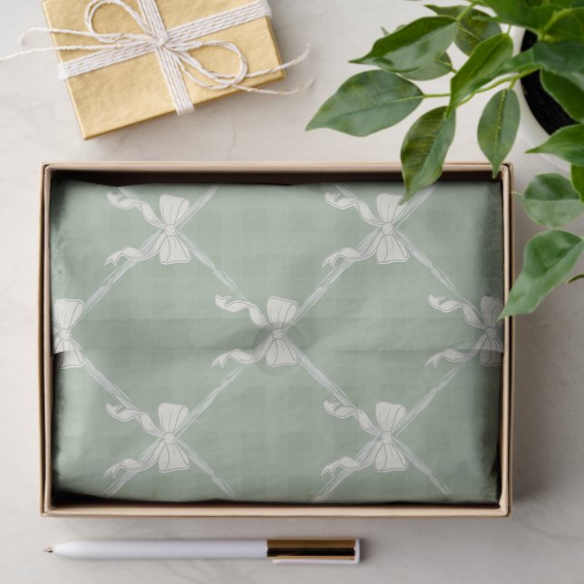 Papel De Seda Coquette Bows Gingham Pattern Cream Sage Green  (Regalo )