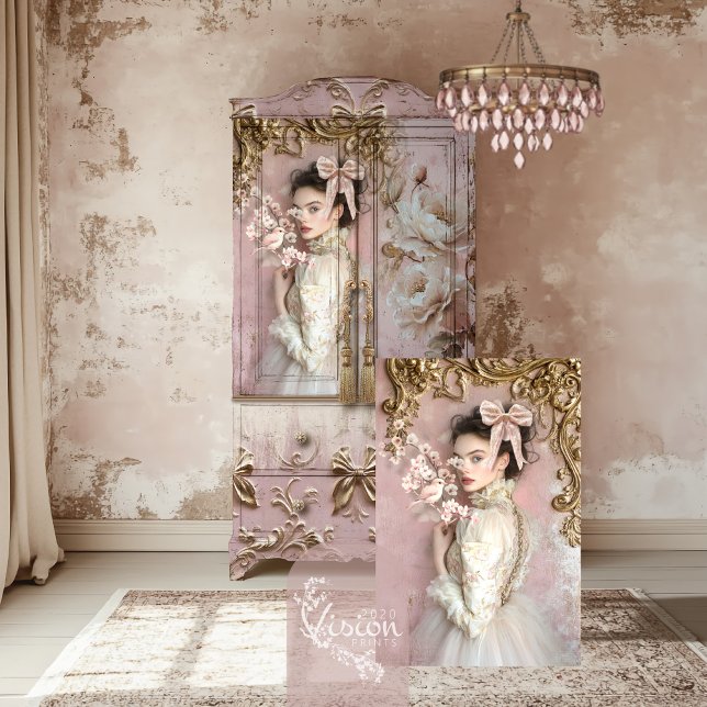Papel De Seda Coquette Romántico Barroco Retrato Bird Floral (Coquette Romantic Portrait, Rose Pink & Gold, Baroque, Bird & Blossoms Decoupage Tissue Paper.)