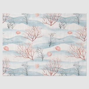 Papel De Seda Coral Costero y Conchas en Naranja Oxidado y Azul