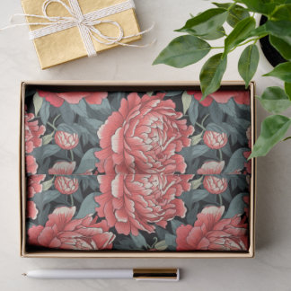 Papel De Seda Coral Red & Sage Green Peony Flowers Tissue Paper