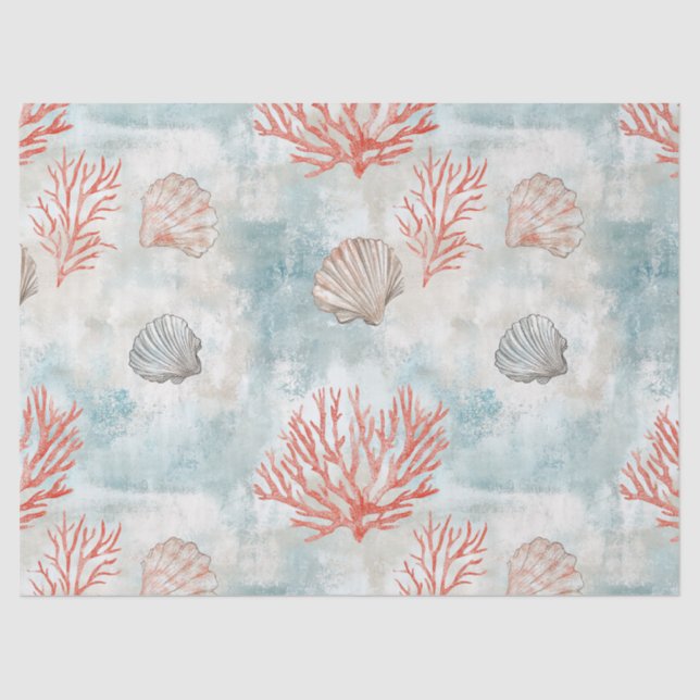 Papel De Seda Coral Reef Seashells & Aqua Waves Pattern (7) (Anverso)