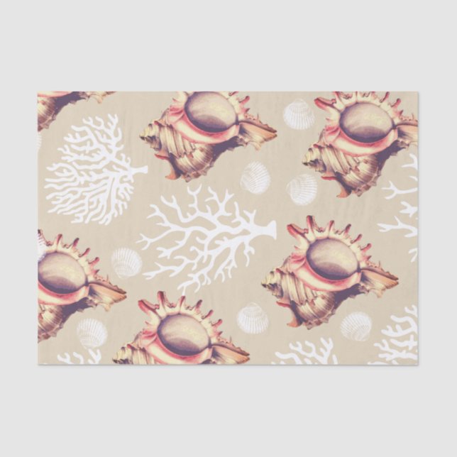 Papel De Seda Corales y Seashells blancos costeros de la concha (Anverso)