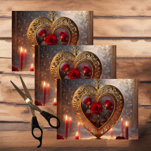 Papel De Seda Corazón de oro victoriano con rosas rojas, vintage