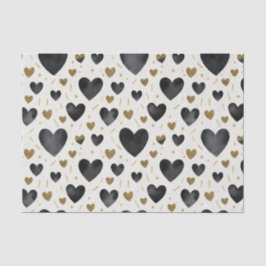Papel De Seda Corazones de acuarela con brillo negro y dorado de