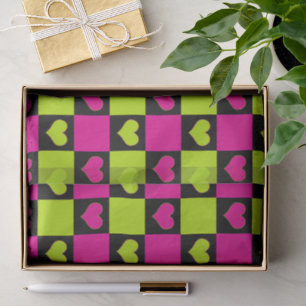 Papel De Seda Corazones de damero - verde lima, rosa caliente y