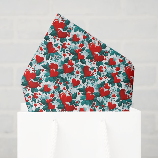 Papel De Seda Corazones de Navidades rojos nevados y holly (Bolsa de regalo)