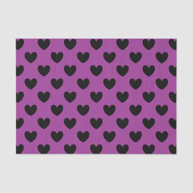 Papel De Seda Corazones de polka negra en morado (Anverso)