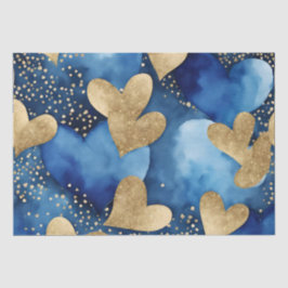 Papel De Seda Corazones de San Valentín con tinta azul y dorada 