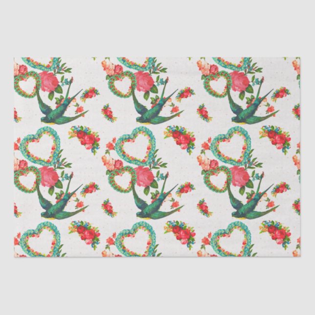 Papel De Seda Corazones, Rosas y colibríes (Anverso)