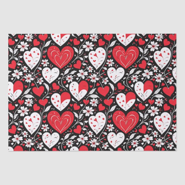 Papel De Seda Corazones y flores rojas, negras y blancas (Anverso)