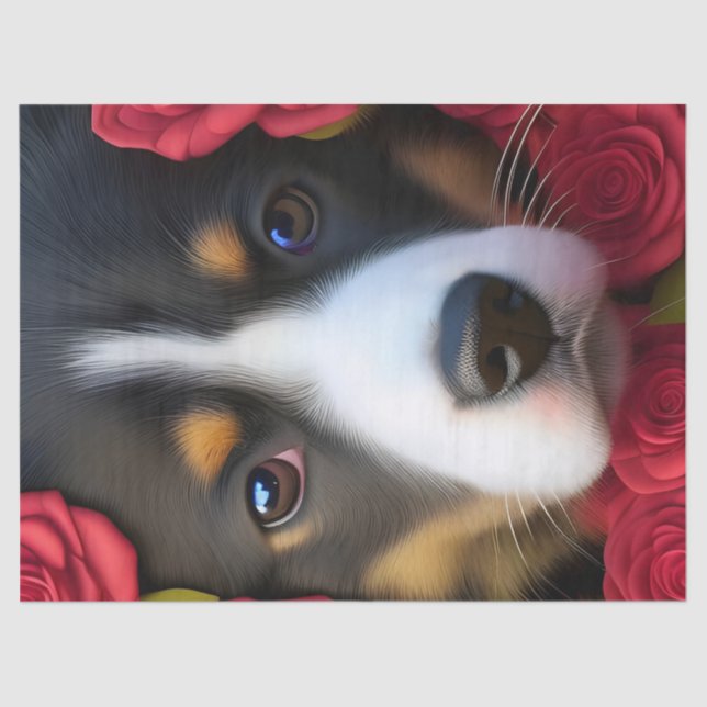 Papel De Seda Corgi Puppy en rosas rojas (Anverso)