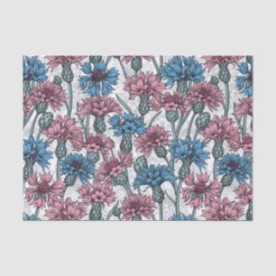 Papel De Seda Cornflores rosas y azules, flores silvestres en bl