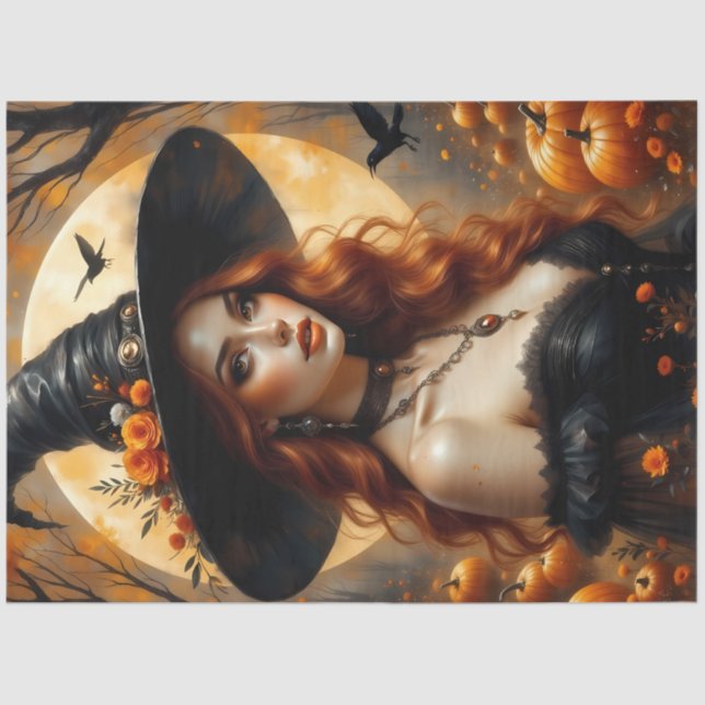 Papel De Seda Cosecha Bruja lunar con calabazas y Rosas de otoño (Anverso)