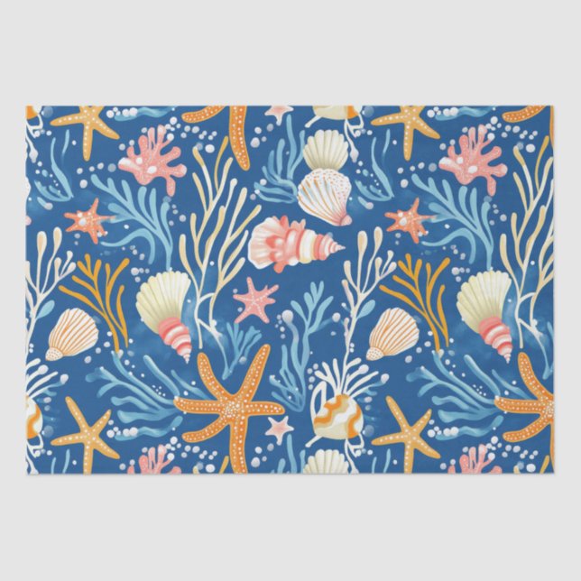 Papel De Seda Costa Rústica - Aguas marinas, pez estrella, arrec (Anverso)