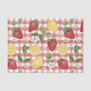 Papel De Seda Cottagecore Fresas y Limones en Gingham Rojo