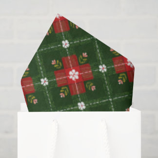 Papel De Seda Cottagecore Navideño de Cuadro con Cruz Floral Roj