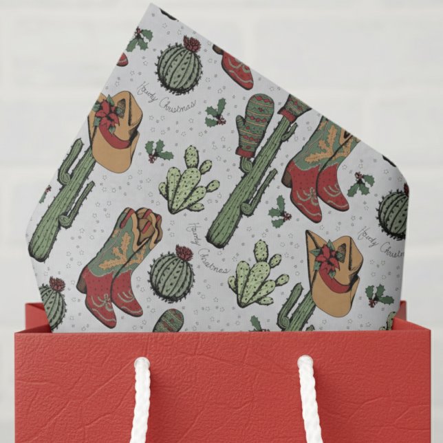 Papel De Seda Country Cowboy Howdy Navidades Gray (Elegant Light Gray Howdy Christmas Western Cowboy Ivory Tissue Paper. Cowgirl Boots & Cactus Pattern)