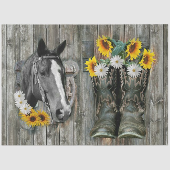 Papel De Seda Cowboy Boots Horseshoe Sunflowers Daisies (Anverso)
