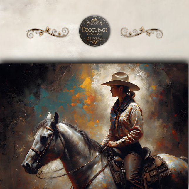Papel De Seda Cowgirl Riding White Horse Sunset Decoupage (Cowgirl Riding White Horse Sunset Decoupage Tissue Paper)