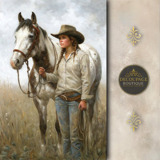 Papel De Seda Cowgirl With Spotted Horse In Field Decoupage