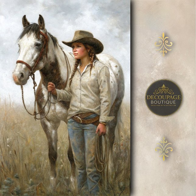 Papel De Seda Cowgirl With Spotted Horse In Field Decoupage (cowgirl With Spotted Horse In Field Decoupage Tissue Paper)