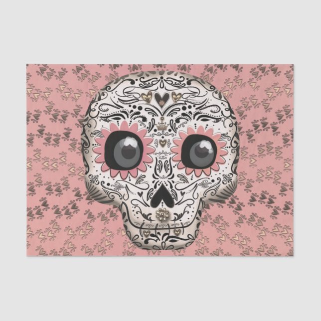 Papel De Seda Cráneo de azúcar rosa y dorado Fiesta caprichoso (Anverso)