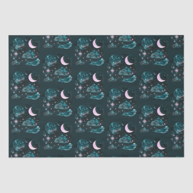 Papel De Seda Creciente Rosa Estrellas de Luna Celestial Azul Ha (Anverso)