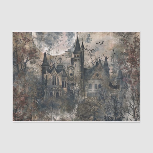 Papel De Seda Creepy Mansion Spooky Bat Halloween Moon Decoupage (Anverso)