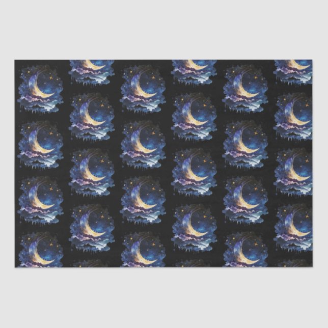 Papel De Seda Crescent Moon Stars Celestial Black Halloween (Anverso)