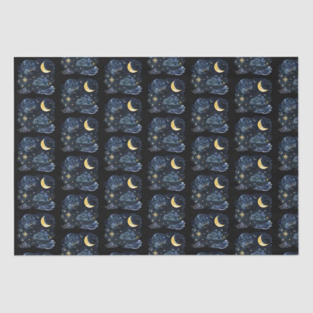 Papel De Seda Crescent Moon Stars Celestial Black Halloween (Anverso)