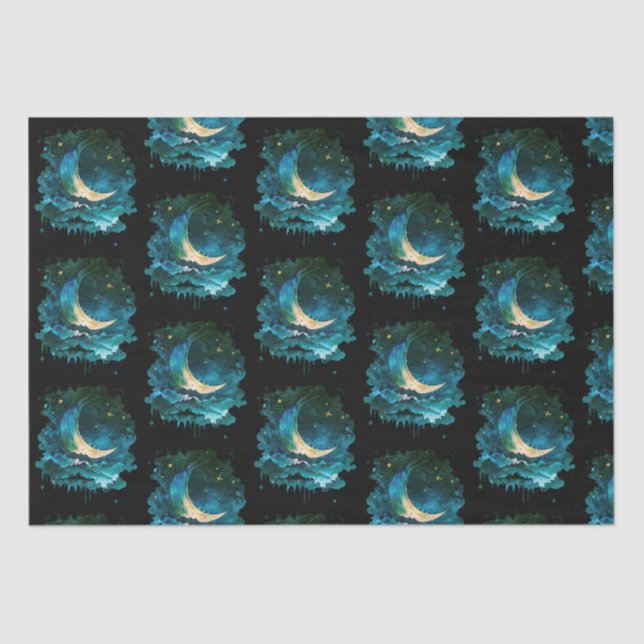 Papel De Seda Crescent Moon Stars Celestial Black Halloween (Anverso)