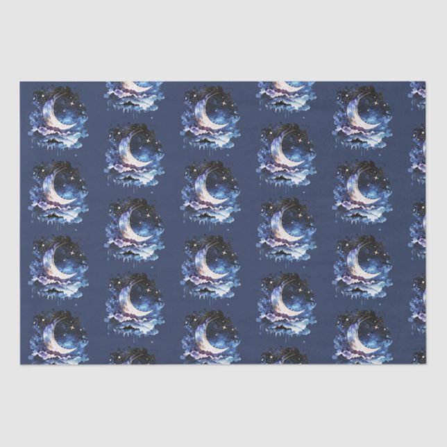 Papel De Seda Crescent Moon Stars Celestial Blue Halloween (Anverso)