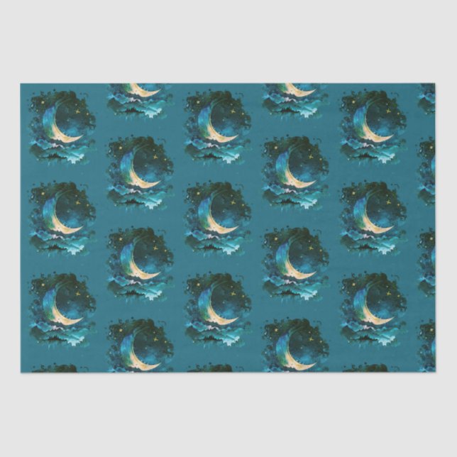 Papel De Seda Crescent Moon Stars Celestial Blue Halloween (Anverso)