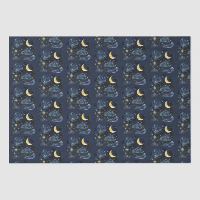 Papel De Seda Crescent Moon Stars Celestial Blue Halloween (Anverso)