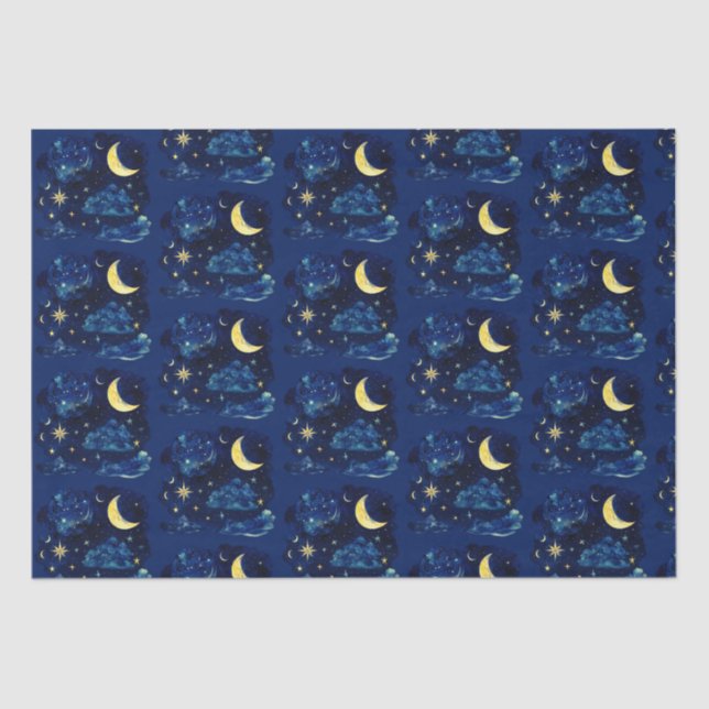 Papel De Seda Crescent Moon Stars Celestial Blue Halloween (Anverso)