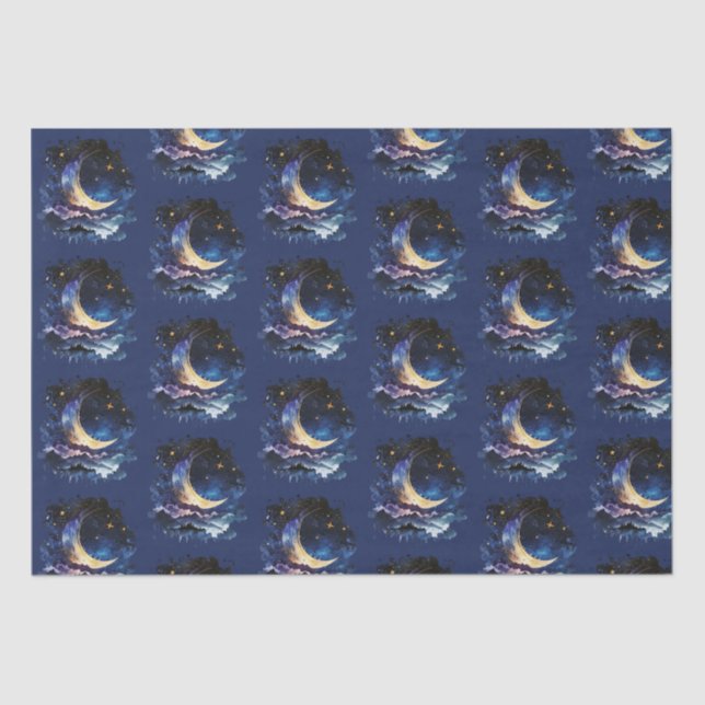 Papel De Seda Crescent Moon Stars Celestial Blue Halloween (Anverso)