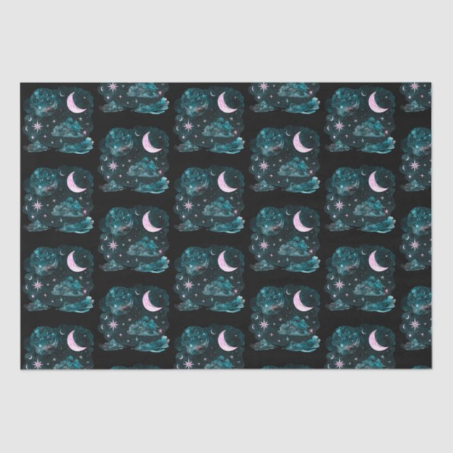 Papel De Seda Crescent rosa Moon Stars Celestial Black Halloween (Anverso)