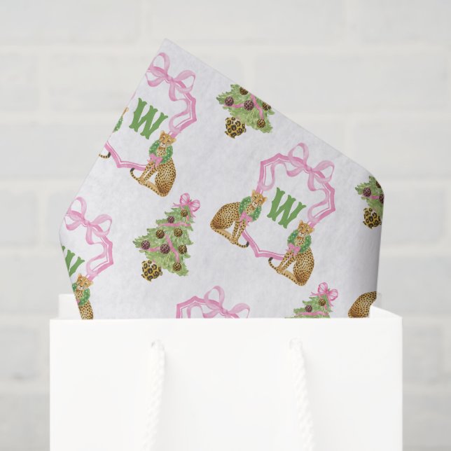 Papel De Seda Crest Monograma de Navidad Leopardo Preppy Acuarel (Bolsa de regalo)