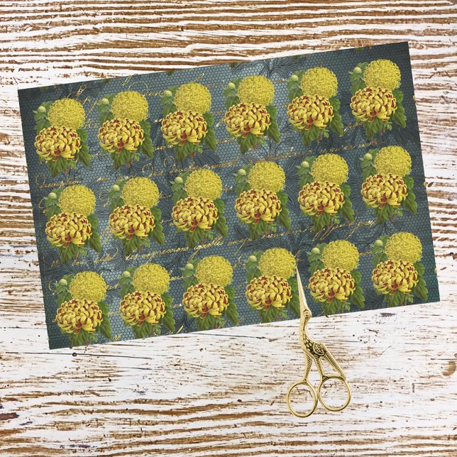 Papel De Seda Crisantemos rojos de oro sobre Damasco Verde azula (Subido por el creador)